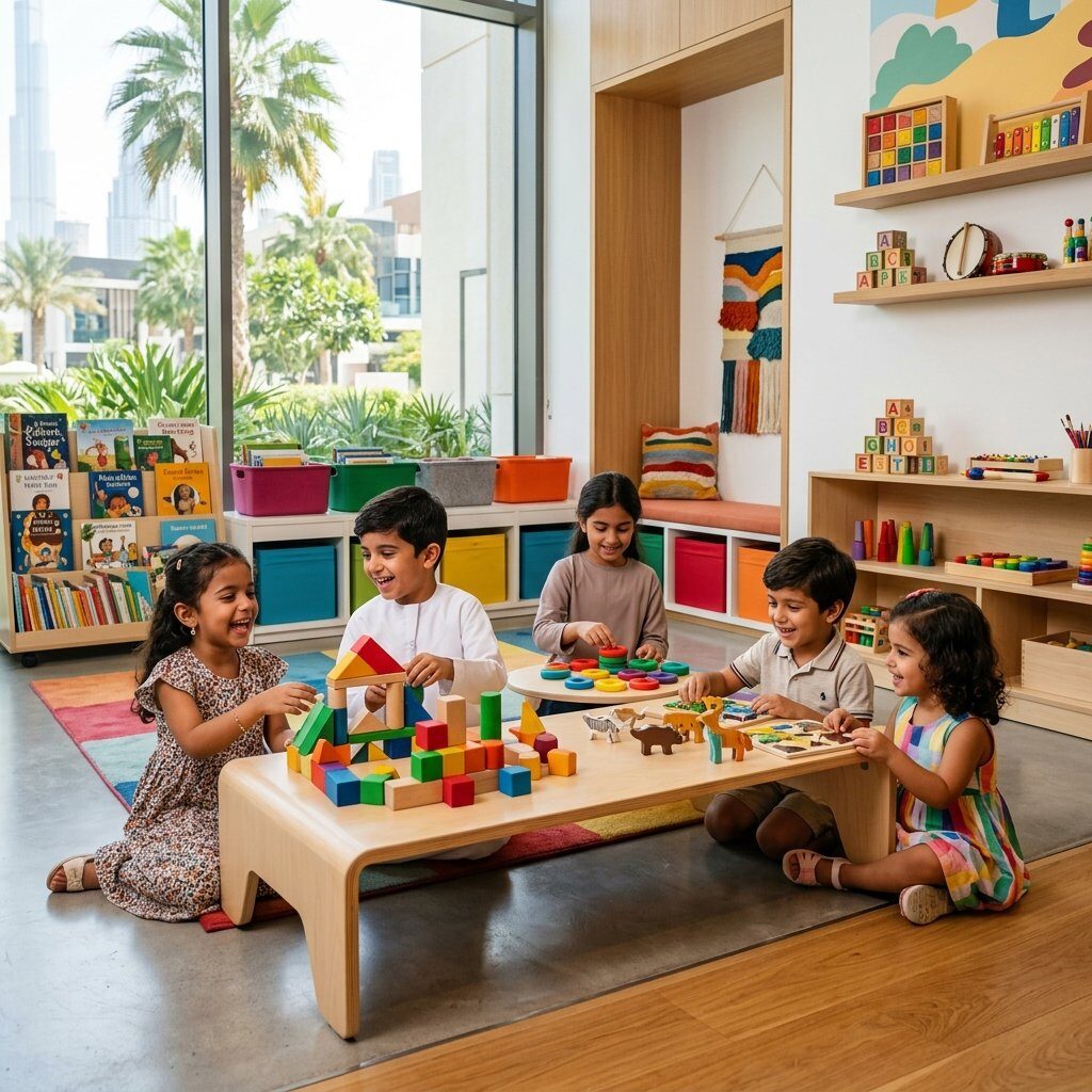 Children playing with wooden blocks and educational toys at Happy World in Dubai