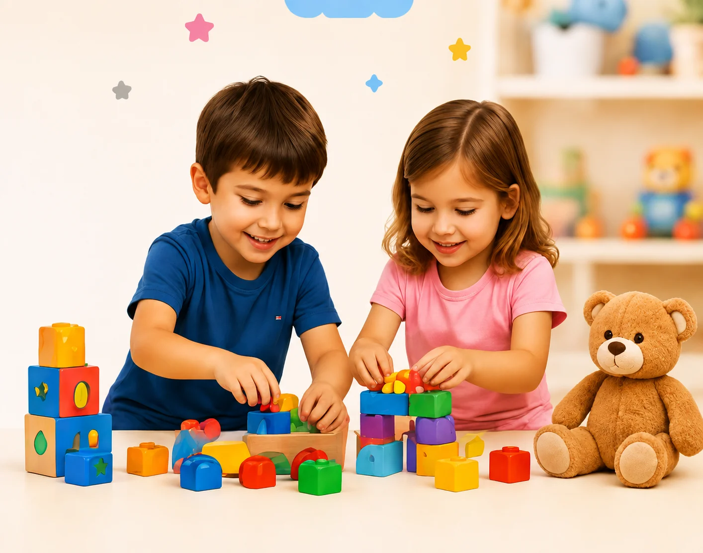 An illustrated world of toys — the Happy World mark with building blocks and a ball